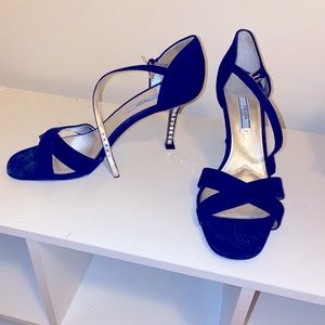 Prada Blue Swarovski Crystal Heel Suede Sandals
